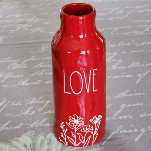 Shabby Chic Red Ceramic Flower Vase With LOVE And Flowers Engraved Design‎ - Picture 3 of 10